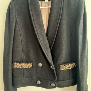 LOFT Black Double-Breasted Wool Blend Blazer with Jeweled Trim